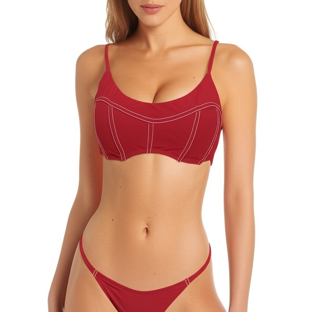 Gottex Bikini Top Womens USA 10 Red‎ White Contrast Stitch Swim